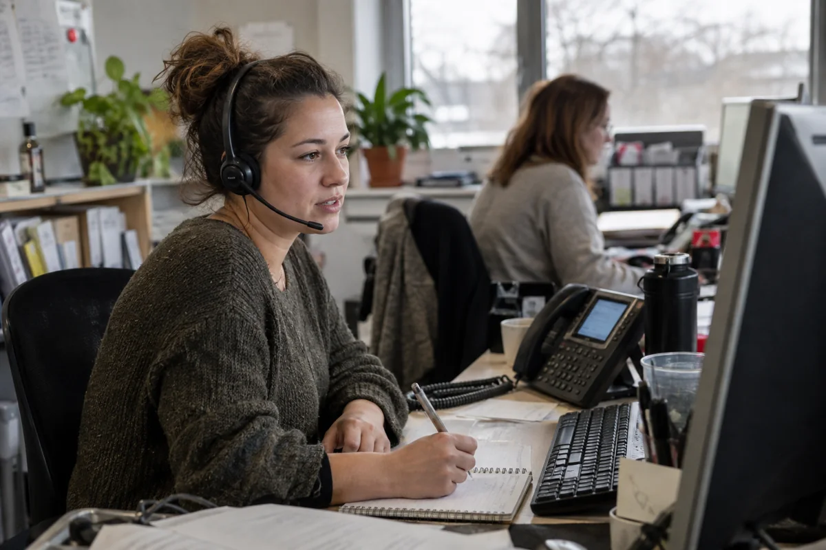 Reception employee testing a small business phone call menu with a headset