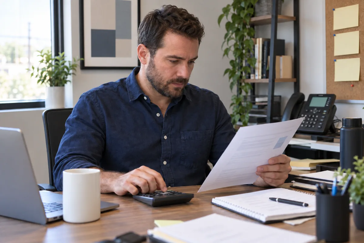 Business owner reviewing a phone service proposal and calculator