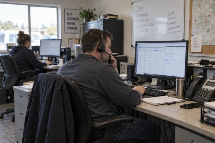Business dispatcher using a phone headset beside customer record software