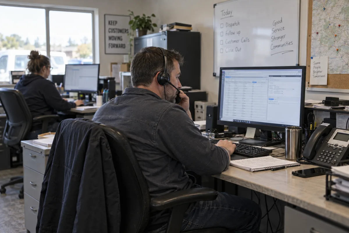 Business dispatcher using a phone headset beside customer record software