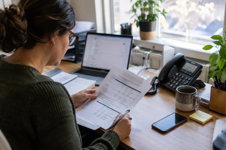 Office staff reviewing business phone service costs beside a desk phone