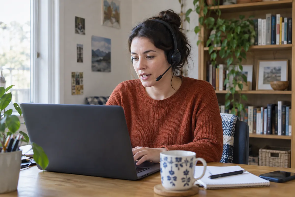 Remote employee using a headset and laptop in a modest home workspace