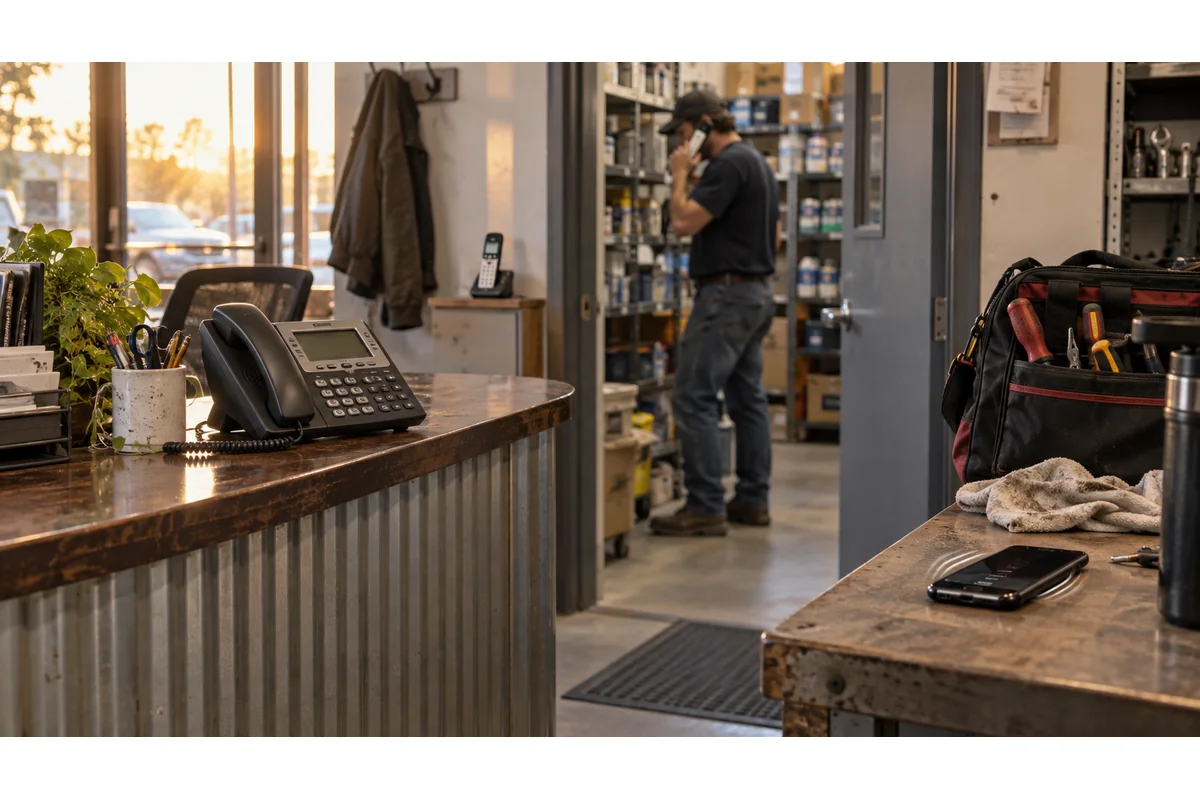 Desk phone, cordless handset and mobile phone used in a small business call-routing plan
