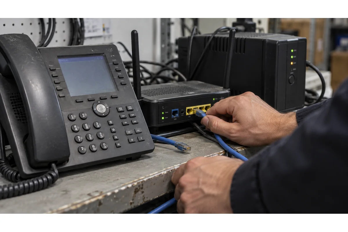 Technician testing phone failover equipment before a VoIP rollout