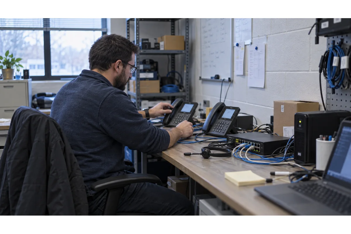 IT lead provisioning business phones beside network equipment