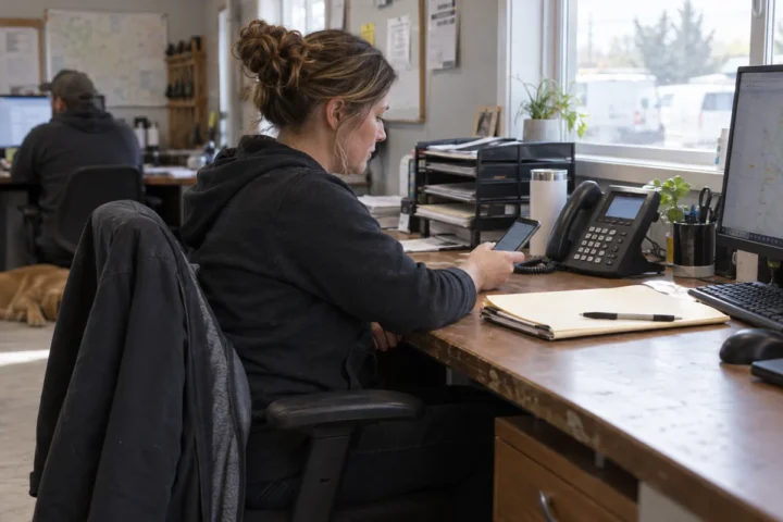 A dispatch workspace with a smartphone and business desk phone