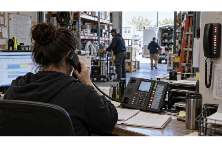 Warehouse dispatcher handling customer calls during a busy shift