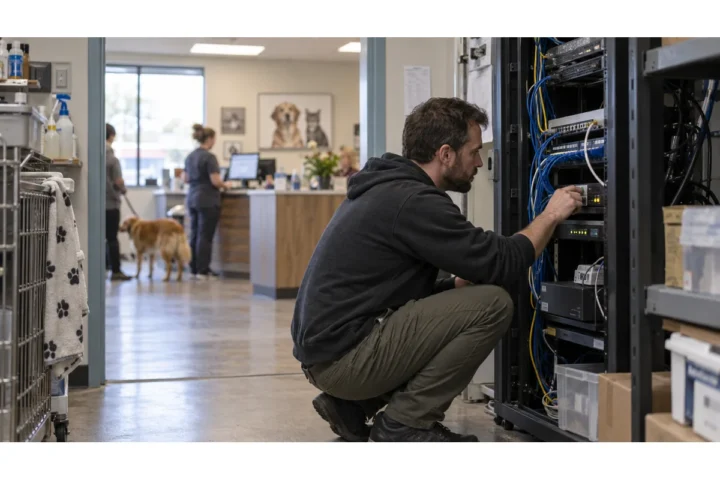 Telecom technician inspecting a VoIP network rack in a veterinary clinic