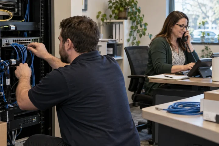 Technician connecting a network switch while an office manager tests a desk phone