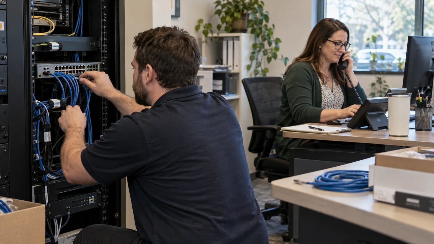 Technician connecting a network switch while an office manager tests a desk phone