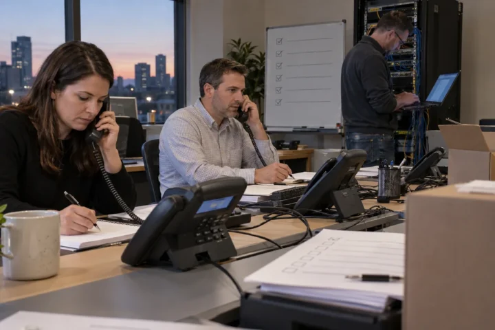 Office team testing desk phones during a provider cutover while a technician checks the network