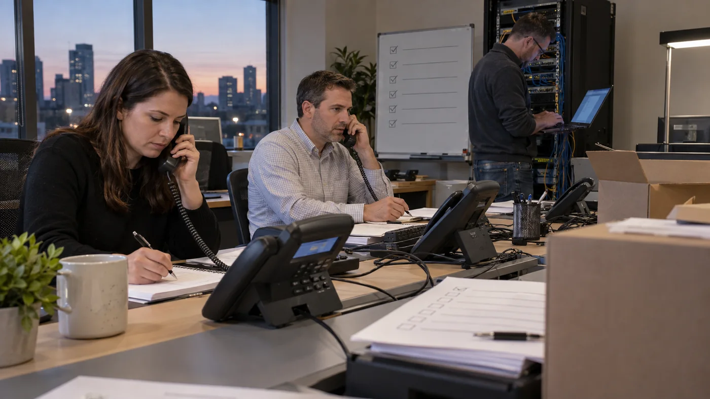 Office team testing desk phones during a provider cutover while a technician checks the network
